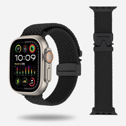 Black woven elastic strap for Apple Watch with black titanium clasp
