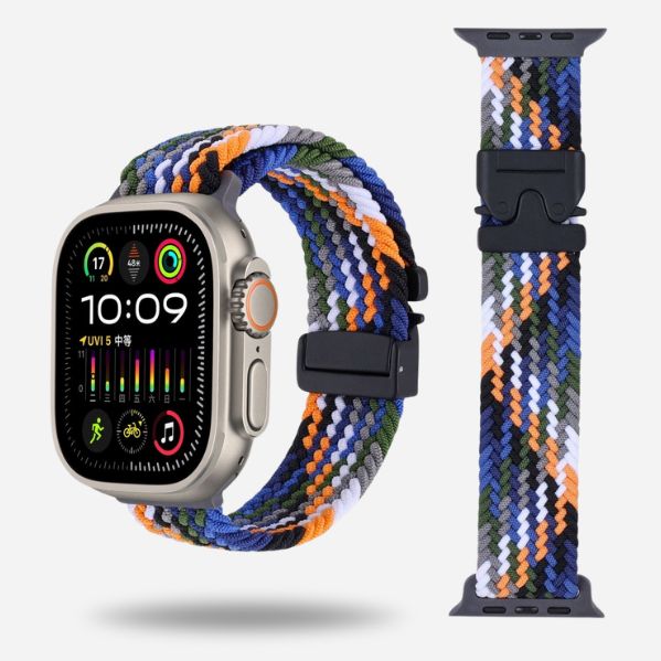 Apple Watch with blue & orange woven elastic strap & black clasp