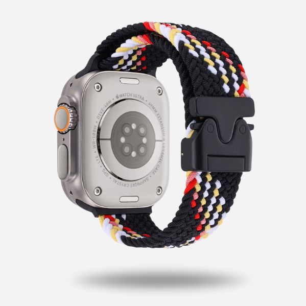 Apple Watch with black & red woven strap & black clasp